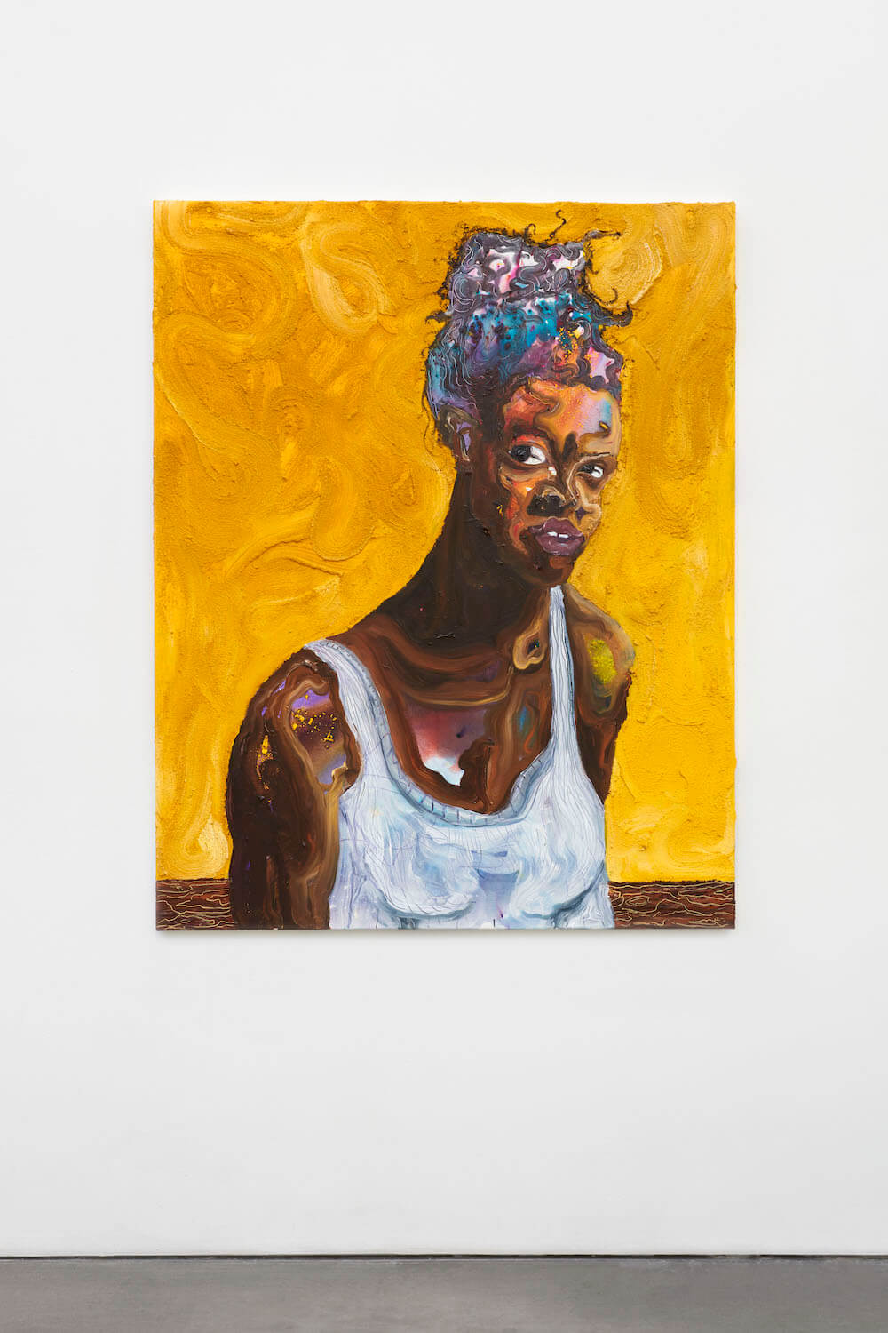 a painting by Ludovic Nkoth, there is one central figure shown from the chest up, she is a black woman in a white tank top, color shines through her hair and chest from an underpainting, the background is swirls of mustard yellow paint mixed with sand