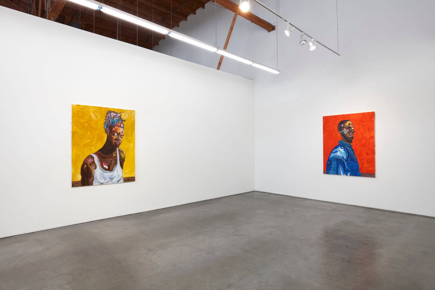 an installation view of paintings by Ludovic Nkoth at François Ghebaly, Los Angeles