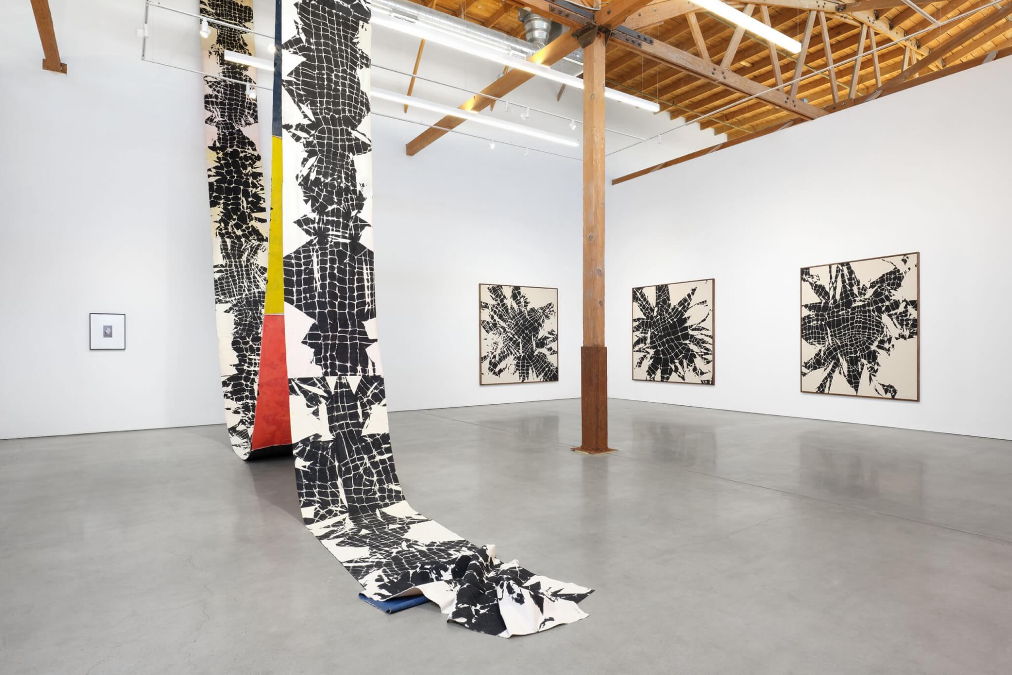 installation view of maia ruth lee's exhibition, with black paintings on a wall and a painted banner hanging from the ceiling.